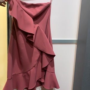 Likely brand light pink strapless dress with ruffle. Slenderizing, nice material